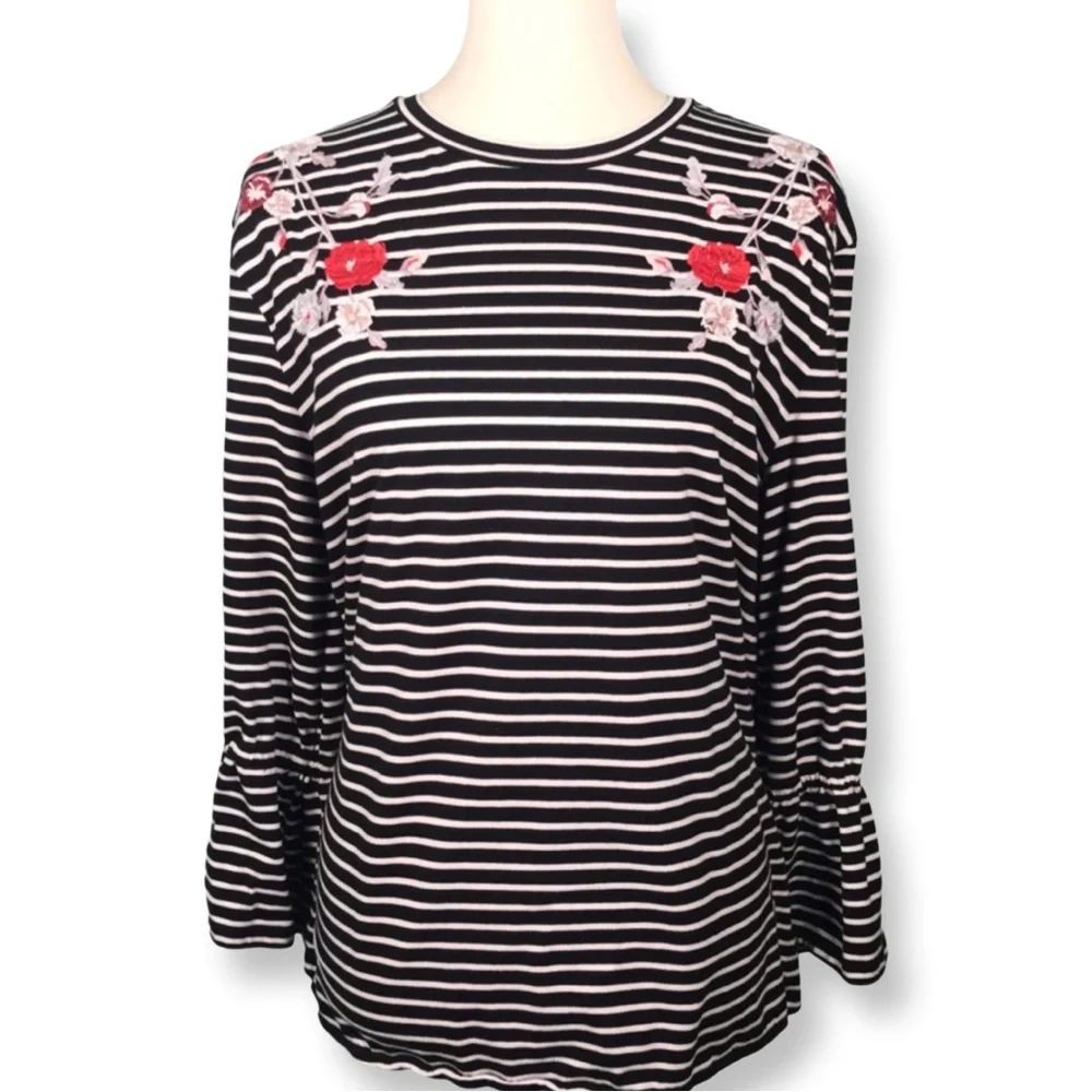 LOFT Striped Long Sleeve Top with Red Floral Embroidery - Picture 5 of 9